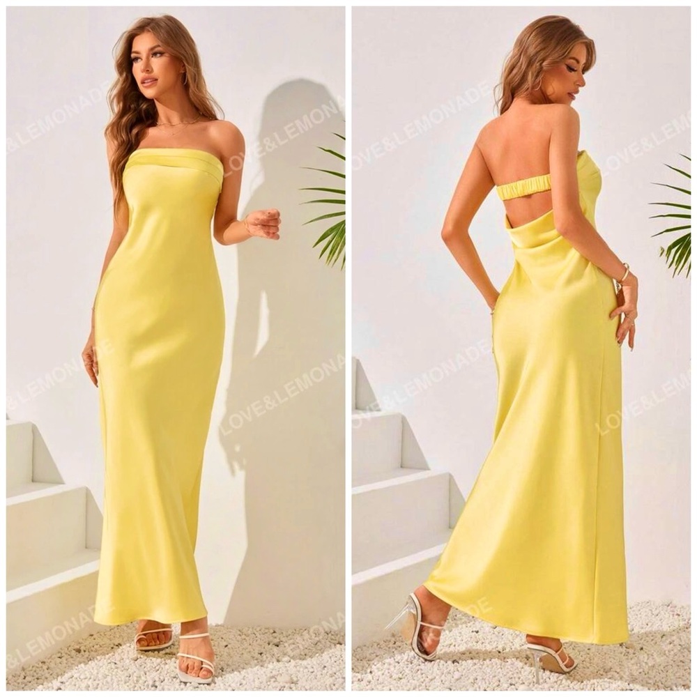 Love & Lemonade Yellow Satin Strapless Cowl Back Cutout Maxi Dress XL